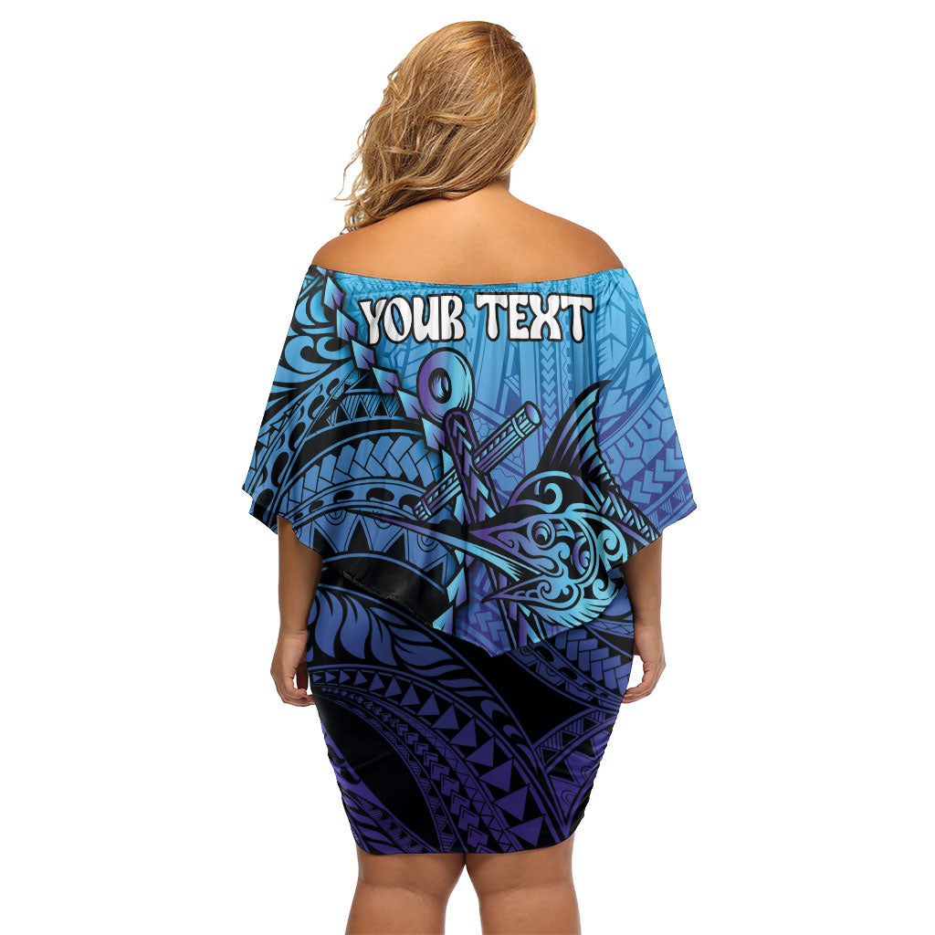 Personalised Polynesia Blue Marlin Fishing Family Matching Off Shoulder Short Dress and Hawaiian Shirt Marlin Anchor Tattoo Polynesian Pattern