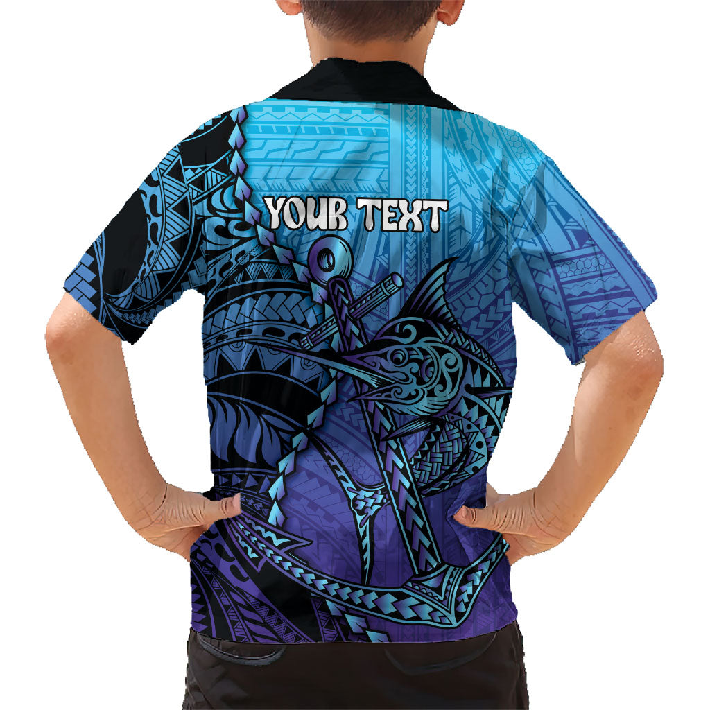 Personalised Polynesia Blue Marlin Fishing Family Matching Short Sleeve Bodycon Dress and Hawaiian Shirt Marlin Anchor Tattoo Polynesian Pattern