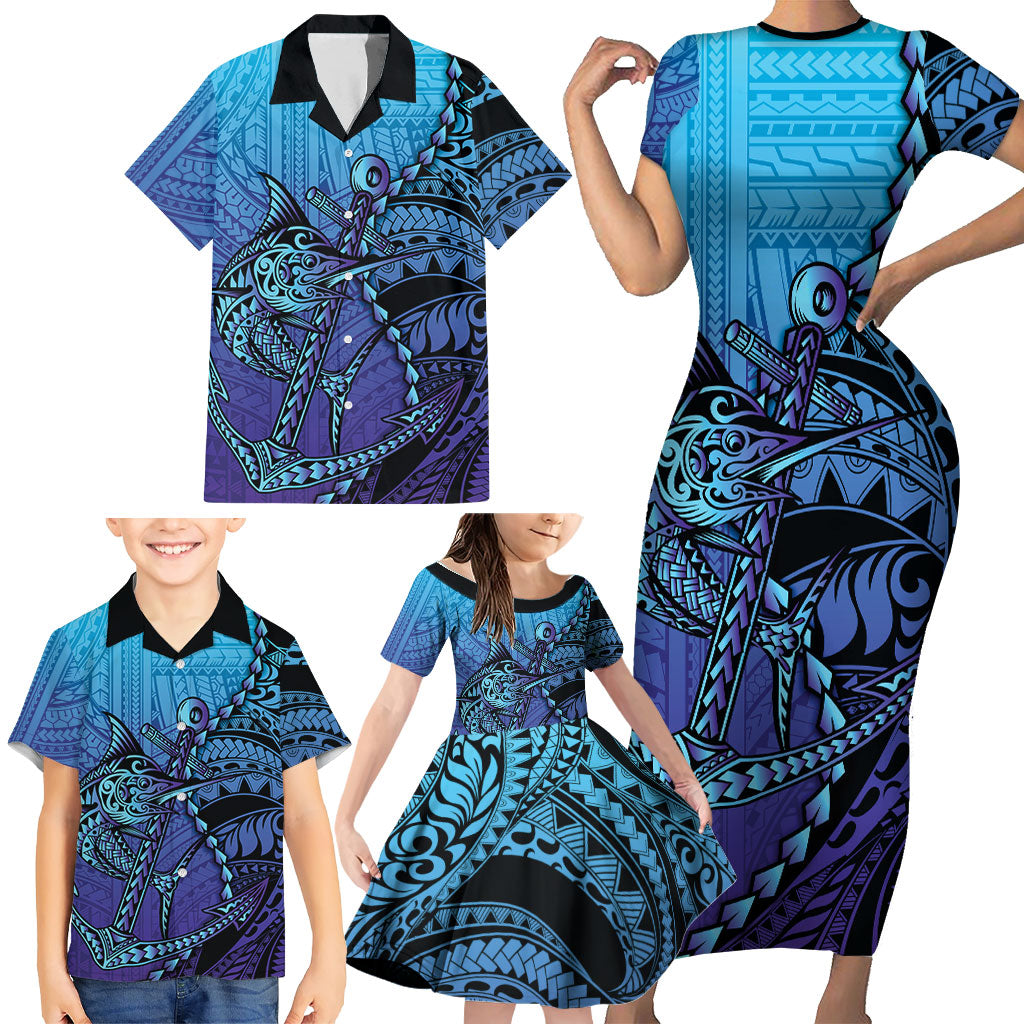 Personalised Polynesia Blue Marlin Fishing Family Matching Short Sleeve Bodycon Dress and Hawaiian Shirt Marlin Anchor Tattoo Polynesian Pattern