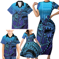 Personalised Polynesia Blue Marlin Fishing Family Matching Short Sleeve Bodycon Dress and Hawaiian Shirt Marlin Anchor Tattoo Polynesian Pattern