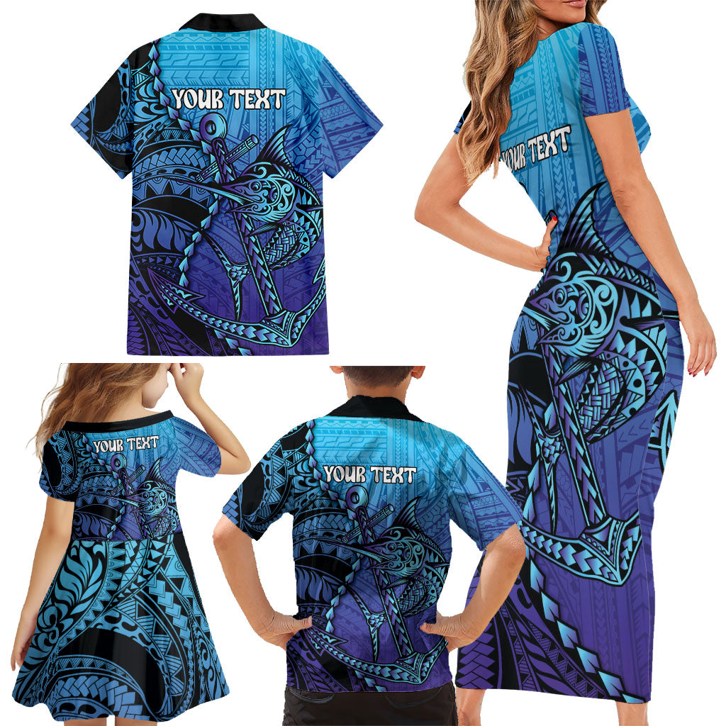 Personalised Polynesia Blue Marlin Fishing Family Matching Short Sleeve Bodycon Dress and Hawaiian Shirt Marlin Anchor Tattoo Polynesian Pattern