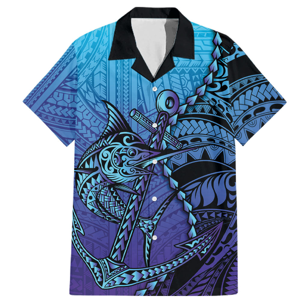 Personalised Polynesia Blue Marlin Fishing Family Matching Short Sleeve Bodycon Dress and Hawaiian Shirt Marlin Anchor Tattoo Polynesian Pattern