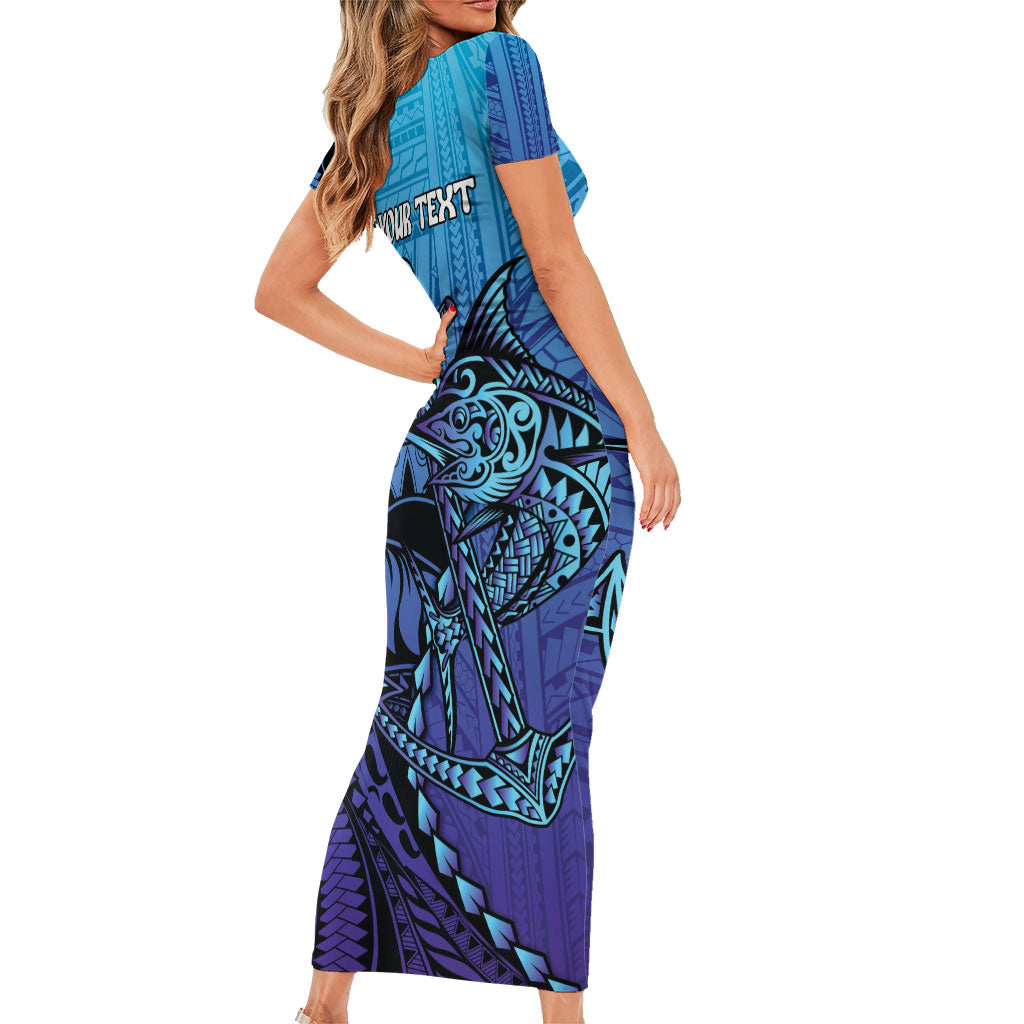 Personalised Polynesia Blue Marlin Fishing Family Matching Short Sleeve Bodycon Dress and Hawaiian Shirt Marlin Anchor Tattoo Polynesian Pattern