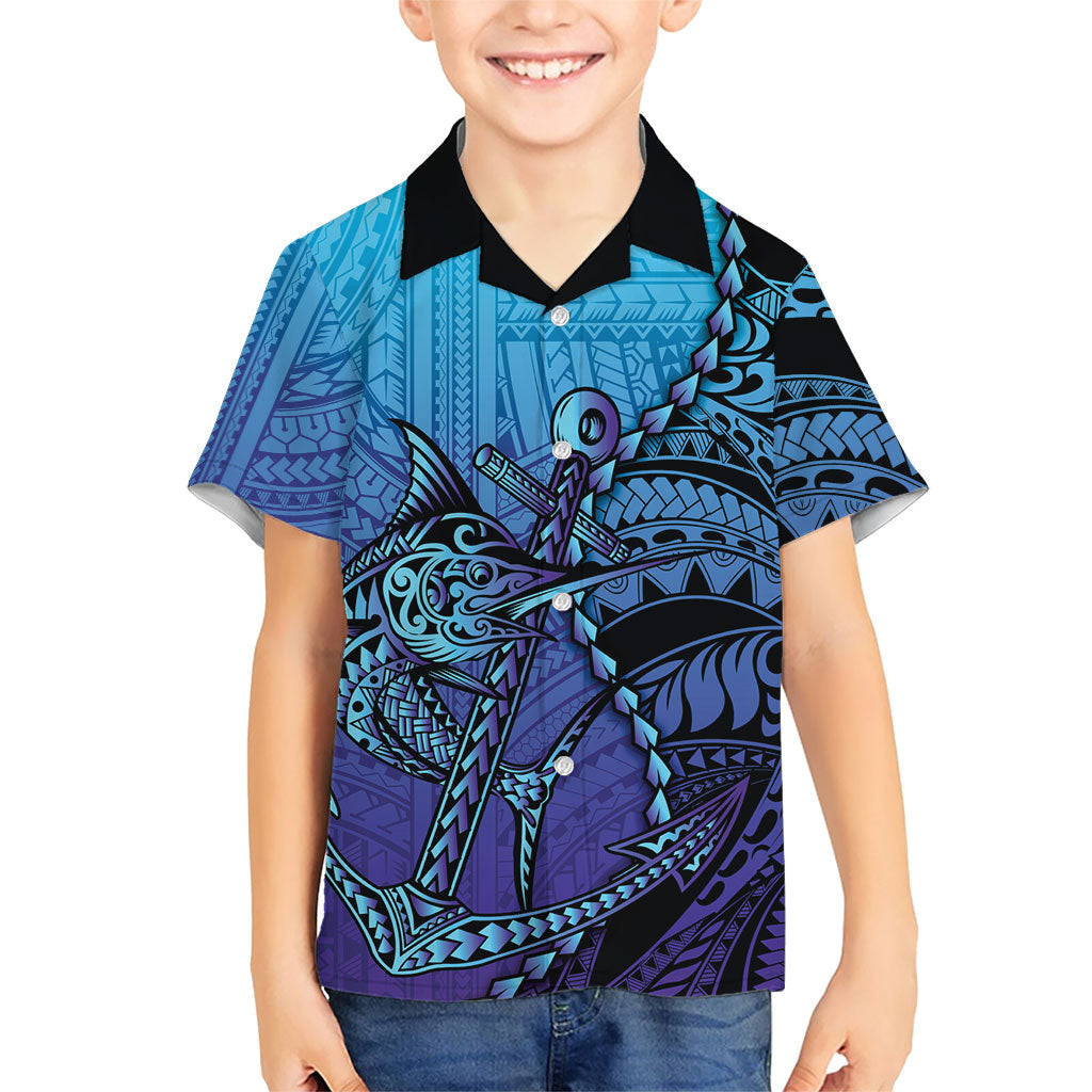 Personalised Polynesia Blue Marlin Fishing Family Matching Short Sleeve Bodycon Dress and Hawaiian Shirt Marlin Anchor Tattoo Polynesian Pattern