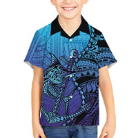 Personalised Polynesia Blue Marlin Fishing Family Matching Short Sleeve Bodycon Dress and Hawaiian Shirt Marlin Anchor Tattoo Polynesian Pattern