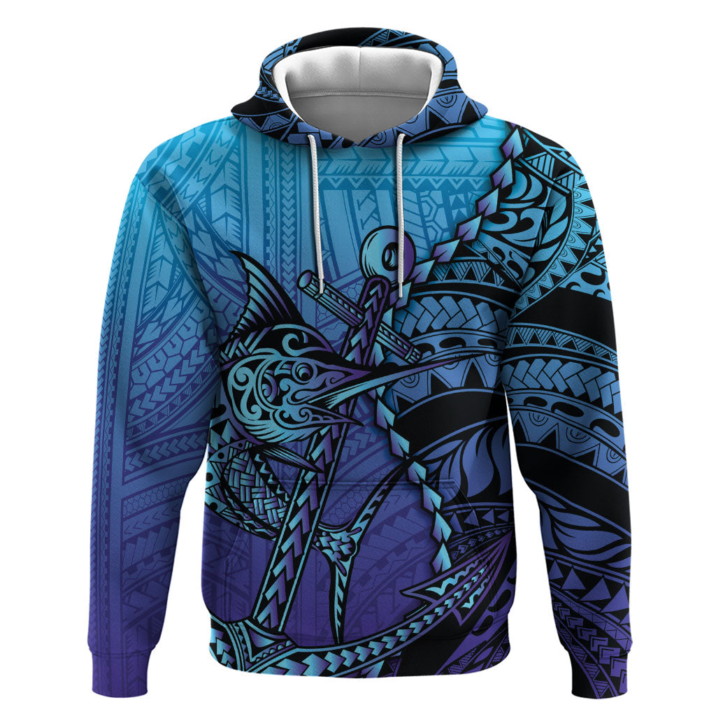 Personalised Polynesia Blue Marlin Fishing Hoodie Marlin Anchor Tattoo Polynesian Pattern