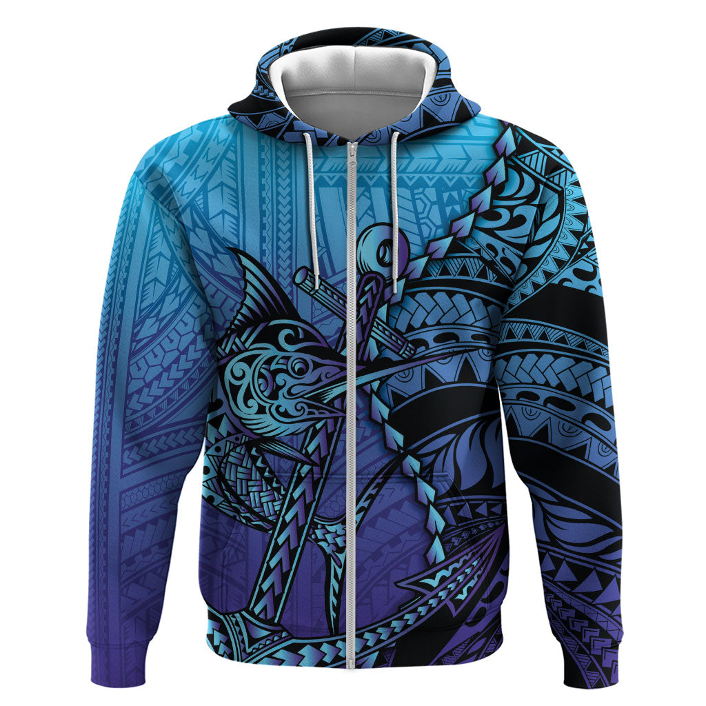 Personalised Polynesia Blue Marlin Fishing Hoodie Marlin Anchor Tattoo Polynesian Pattern LT14 Zip Hoodie Purple - Polynesian Pride