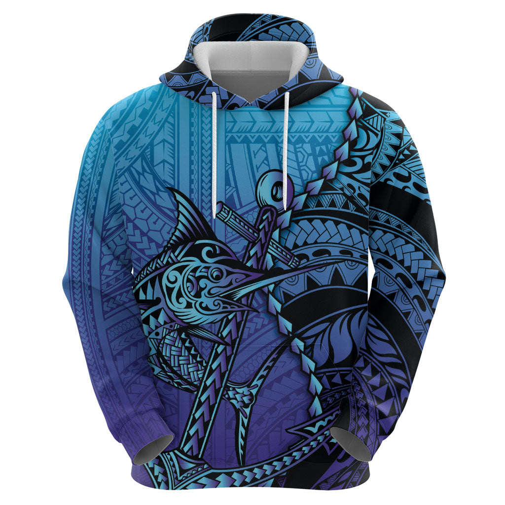 Personalised Polynesia Blue Marlin Fishing Hoodie Marlin Anchor Tattoo Polynesian Pattern LT14 - Polynesian Pride