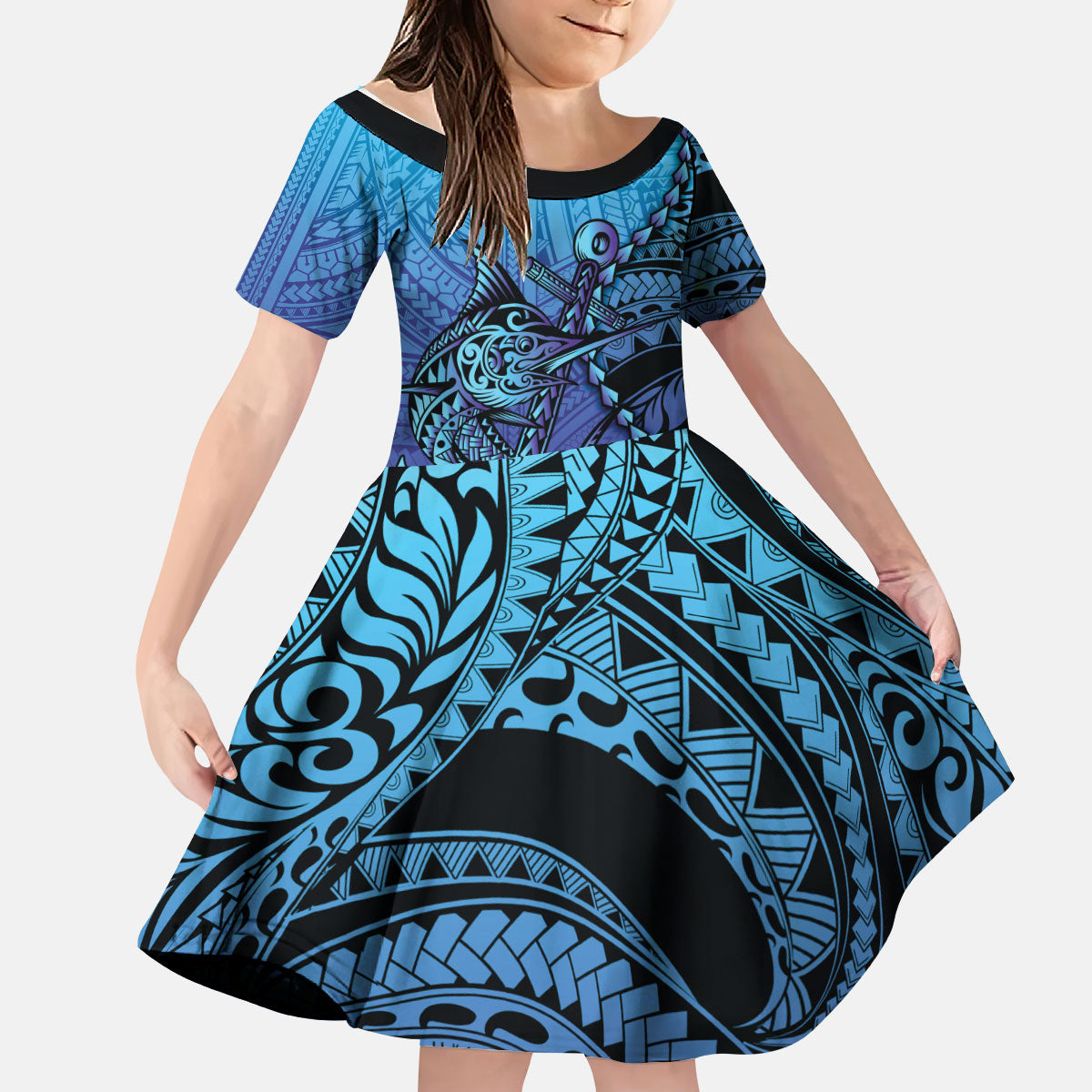 Personalised Polynesia Blue Marlin Fishing Kid Short Sleeve Dress Marlin Anchor Tattoo Polynesian Pattern