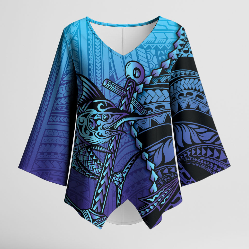 Personalised Polynesia Blue Marlin Fishing Kimono Sleeve Blouse Marlin Anchor Tattoo Polynesian Pattern