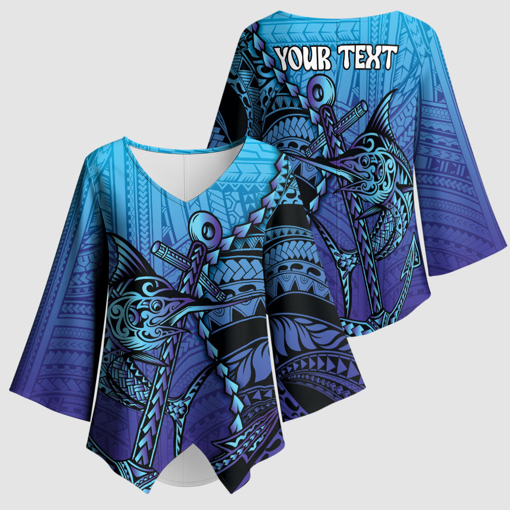 Personalised Polynesia Blue Marlin Fishing Kimono Sleeve Blouse Marlin Anchor Tattoo Polynesian Pattern