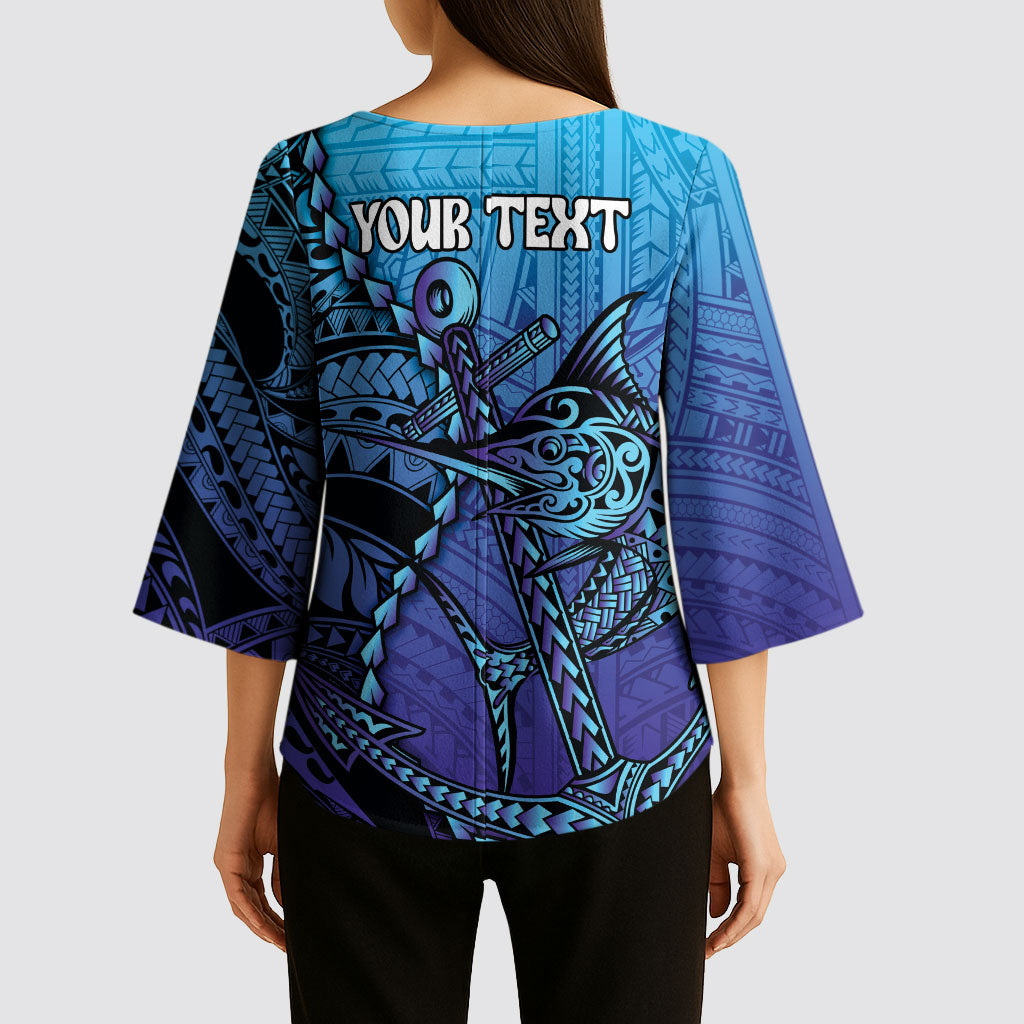 Personalised Polynesia Blue Marlin Fishing Kimono Sleeve Blouse Marlin Anchor Tattoo Polynesian Pattern