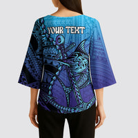 Personalised Polynesia Blue Marlin Fishing Kimono Sleeve Blouse Marlin Anchor Tattoo Polynesian Pattern