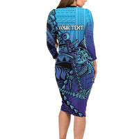 Personalised Polynesia Blue Marlin Fishing Long Sleeve Bodycon Dress Marlin Anchor Tattoo Polynesian Pattern LT14 - Polynesian Pride