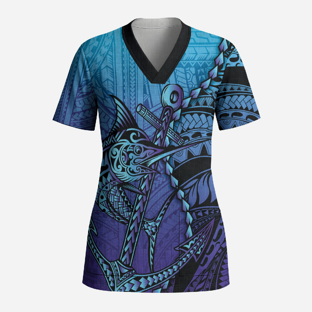 Personalised Polynesia Blue Marlin Fishing Scrub Top Marlin Anchor Tattoo Polynesian Pattern