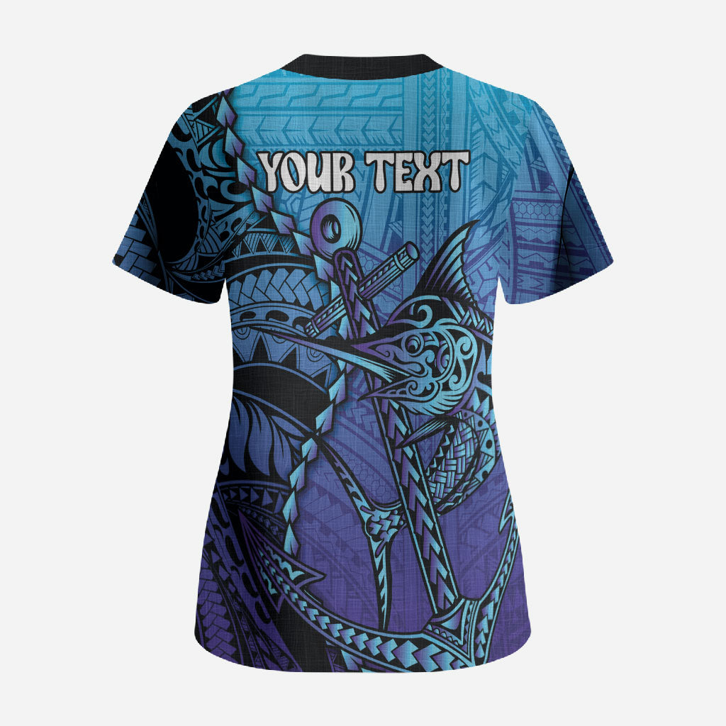 Personalised Polynesia Blue Marlin Fishing Scrub Top Marlin Anchor Tattoo Polynesian Pattern