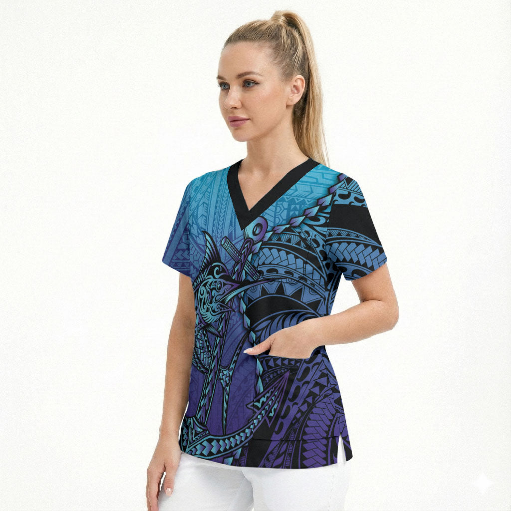 Personalised Polynesia Blue Marlin Fishing Scrub Top Marlin Anchor Tattoo Polynesian Pattern