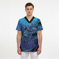 Personalised Polynesia Blue Marlin Fishing Scrub Top Marlin Anchor Tattoo Polynesian Pattern