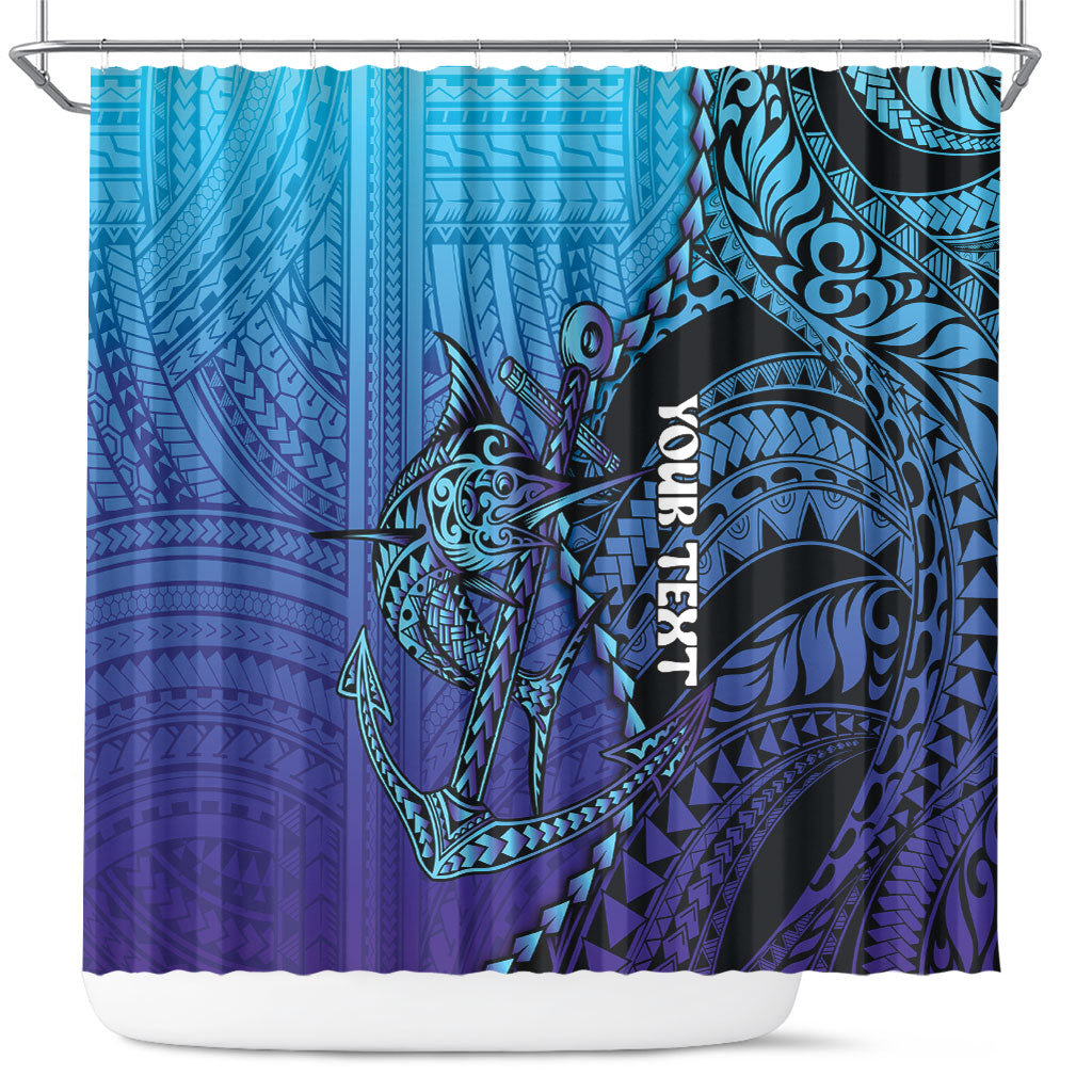Personalised Polynesia Blue Marlin Fishing Shower Curtain Marlin Anchor Tattoo Polynesian Pattern