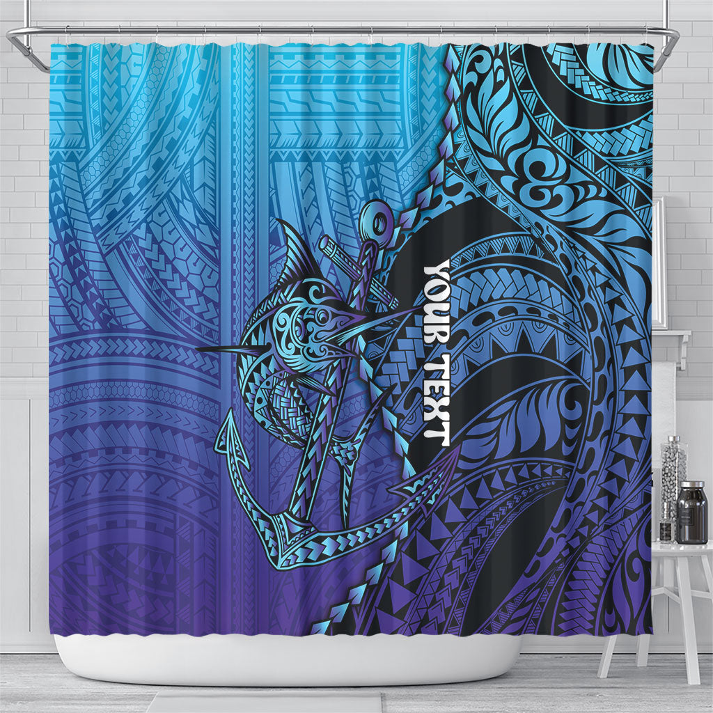 Personalised Polynesia Blue Marlin Fishing Shower Curtain Marlin Anchor Tattoo Polynesian Pattern
