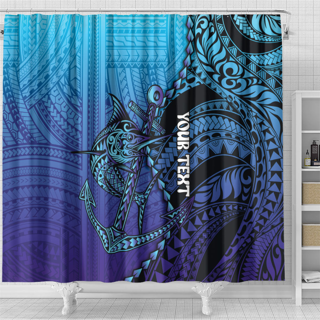 Personalised Polynesia Blue Marlin Fishing Shower Curtain Marlin Anchor Tattoo Polynesian Pattern