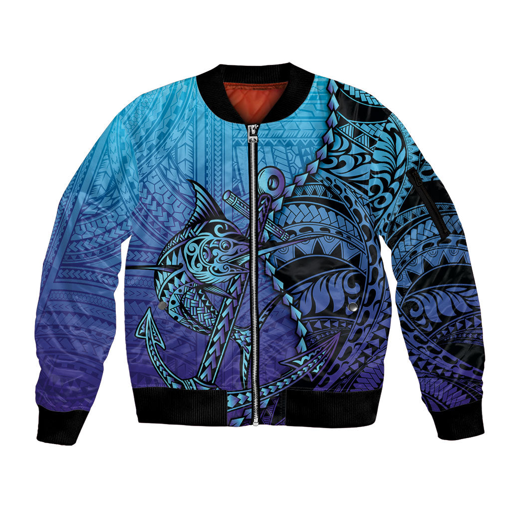 Personalised Polynesia Blue Marlin Fishing Sleeve Zip Bomber Jacket Marlin Anchor Tattoo Polynesian Pattern LT14 Unisex Purple - Polynesian Pride