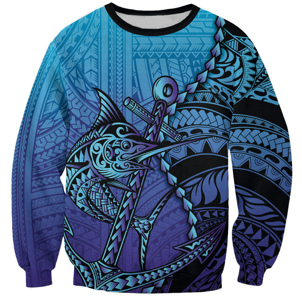 Personalised Polynesia Blue Marlin Fishing Sweatshirt Marlin Anchor Tattoo Polynesian Pattern