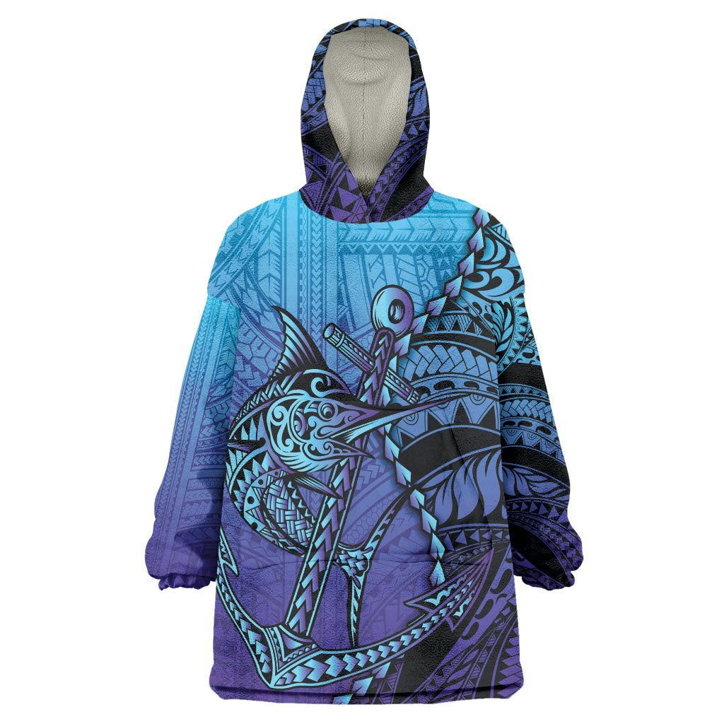 Personalised Polynesia Blue Marlin Fishing Wearable Blanket Hoodie Marlin Anchor Tattoo Polynesian Pattern