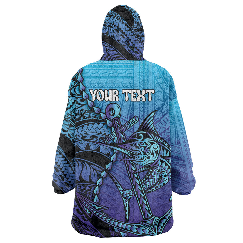 Personalised Polynesia Blue Marlin Fishing Wearable Blanket Hoodie Marlin Anchor Tattoo Polynesian Pattern