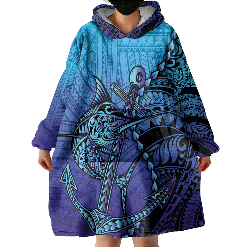 Personalised Polynesia Blue Marlin Fishing Wearable Blanket Hoodie Marlin Anchor Tattoo Polynesian Pattern