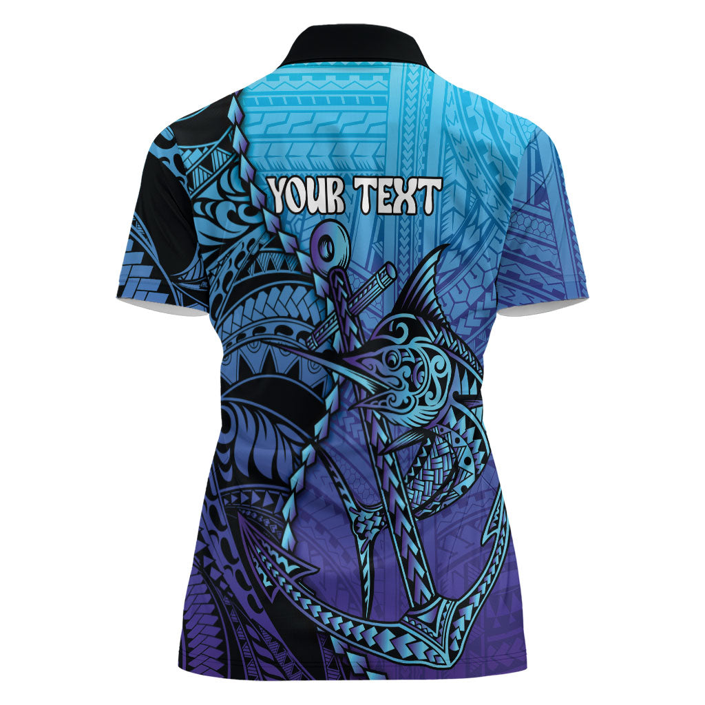 Personalised Polynesia Blue Marlin Fishing Women Polo Shirt Marlin Anchor Tattoo Polynesian Pattern LT14 - Polynesian Pride
