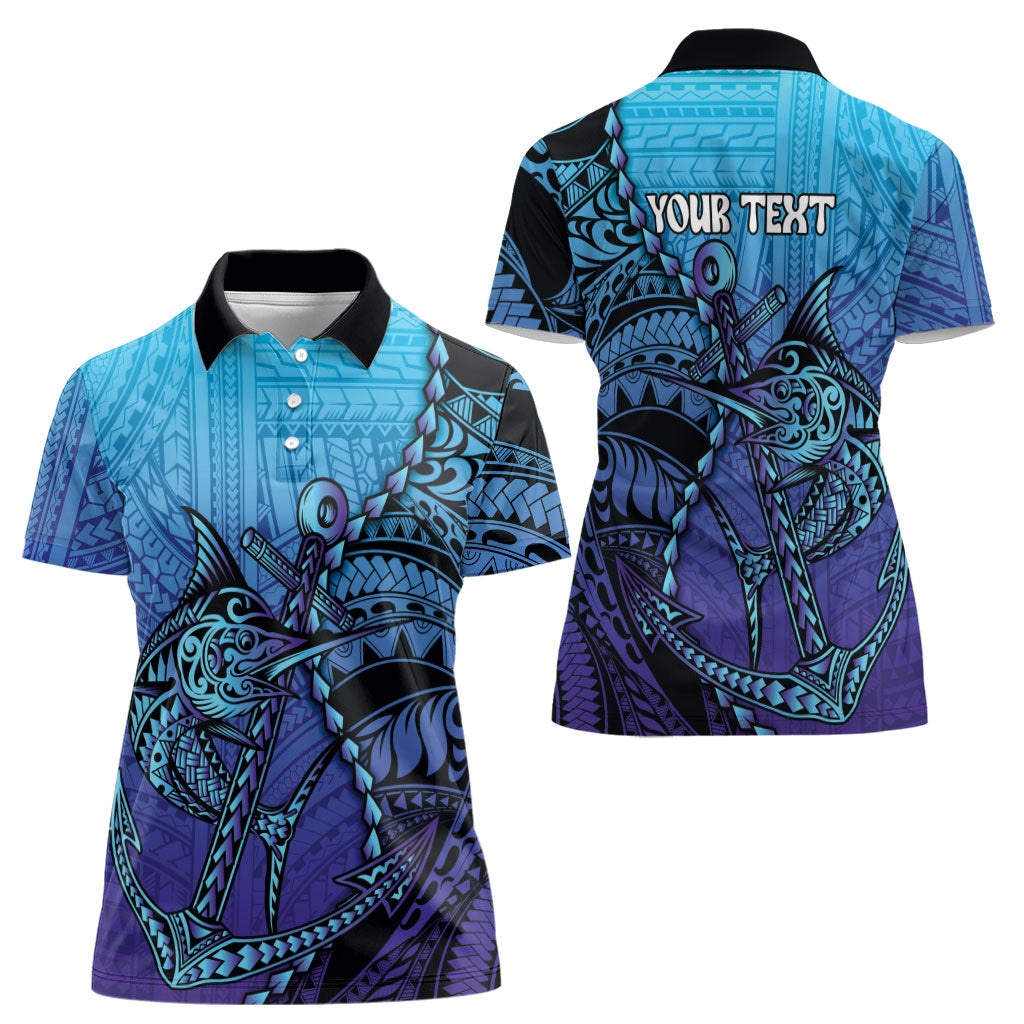 Personalised Polynesia Blue Marlin Fishing Women Polo Shirt Marlin Anchor Tattoo Polynesian Pattern LT14 - Polynesian Pride