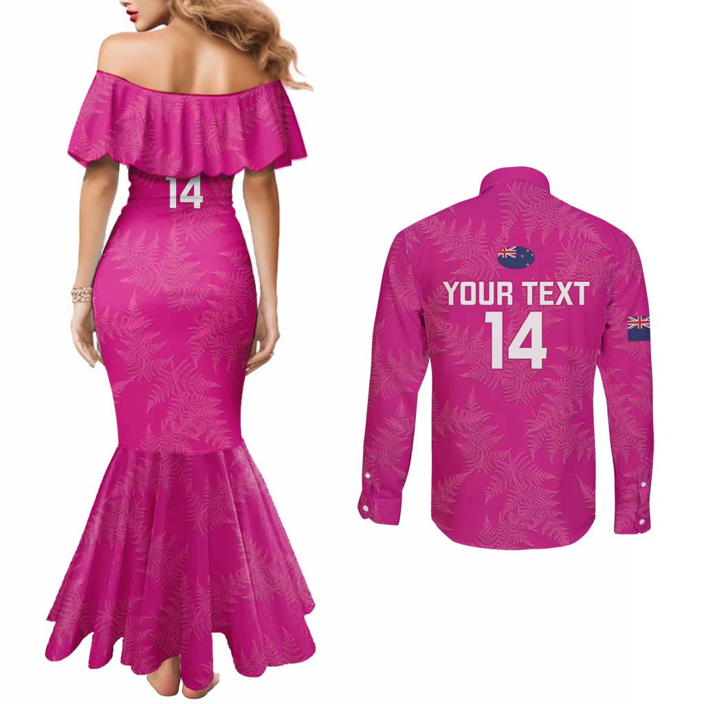 Custom New Zealand Silver Fern Rugby Couples Matching Mermaid Dress and Long Sleeve Button Shirt Go Aotearoa - Pink Version