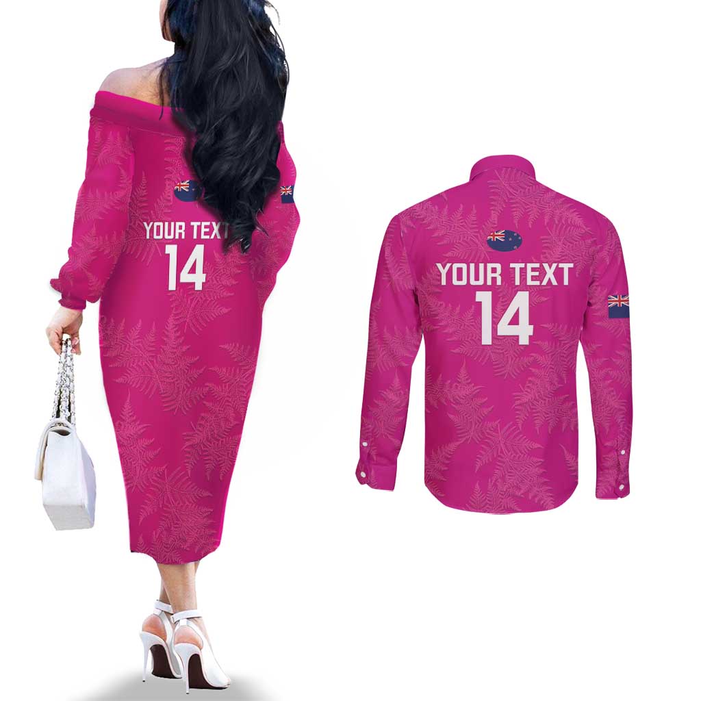 Custom New Zealand Silver Fern Rugby Couples Matching Off The Shoulder Long Sleeve Dress and Long Sleeve Button Shirt Go Aotearoa - Pink Version