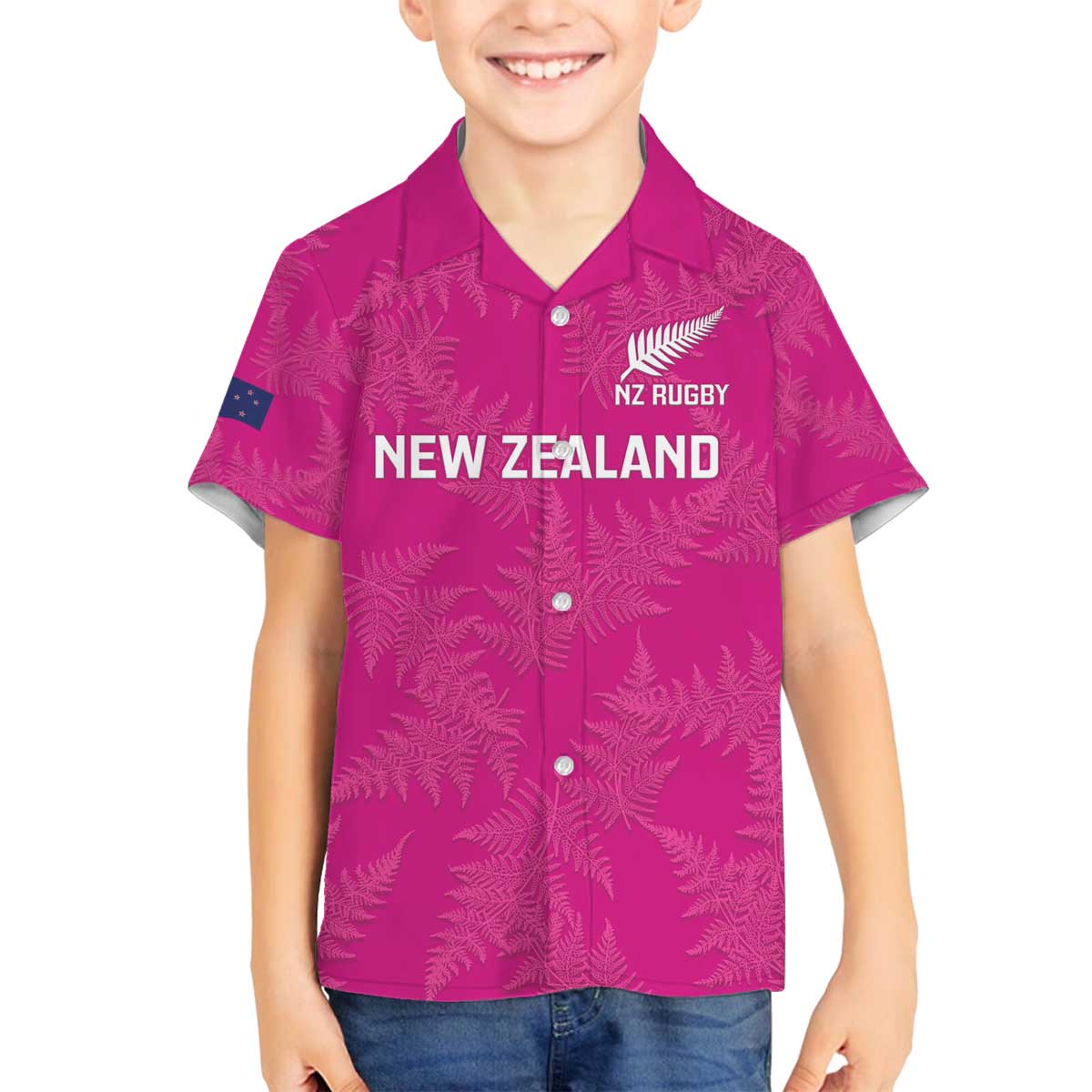 Custom New Zealand Silver Fern Rugby Family Matching Off Shoulder Short Dress and Hawaiian Shirt Go Aotearoa - Pink Version