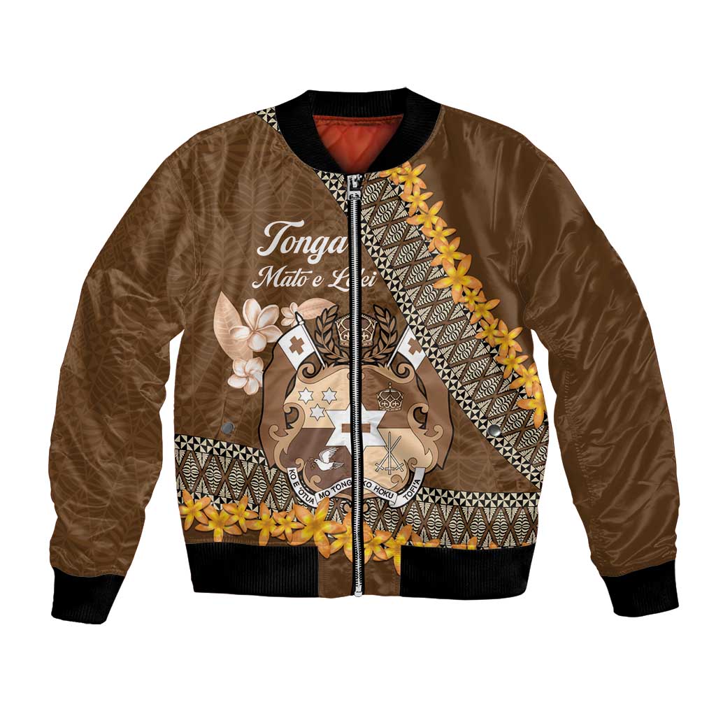 Personalised Tonga Language Week Bomber Jacket Malo e Lelei Tongan Ngatu Pattern - Brown LT14 Unisex Brown - Polynesian Pride