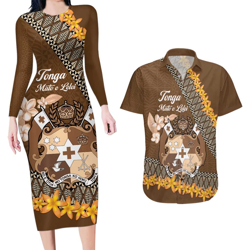 Personalised Tonga Language Week Couples Matching Long Sleeve Bodycon Dress and Hawaiian Shirt Malo e Lelei Tongan Ngatu Pattern - Brown LT14 Brown - Polynesian Pride
