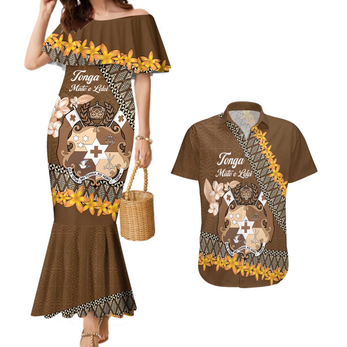 Personalised Tonga Language Week Couples Matching Mermaid Dress and Hawaiian Shirt Malo e Lelei Tongan Ngatu Pattern - Brown LT14 Brown - Polynesian Pride