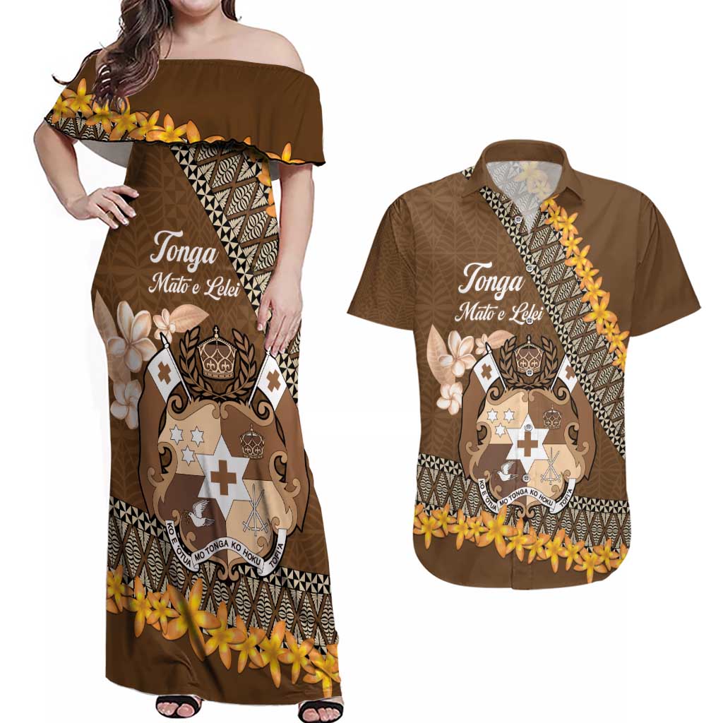 Personalised Tonga Language Week Couples Matching Off Shoulder Maxi Dress and Hawaiian Shirt Malo e Lelei Tongan Ngatu Pattern - Brown LT14 Brown - Polynesian Pride
