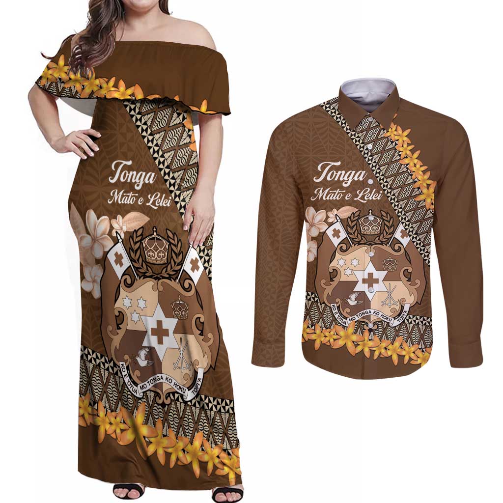 Personalised Tonga Language Week Couples Matching Off Shoulder Maxi Dress and Long Sleeve Button Shirt Malo e Lelei Tongan Ngatu Pattern - Brown LT14 Brown - Polynesian Pride