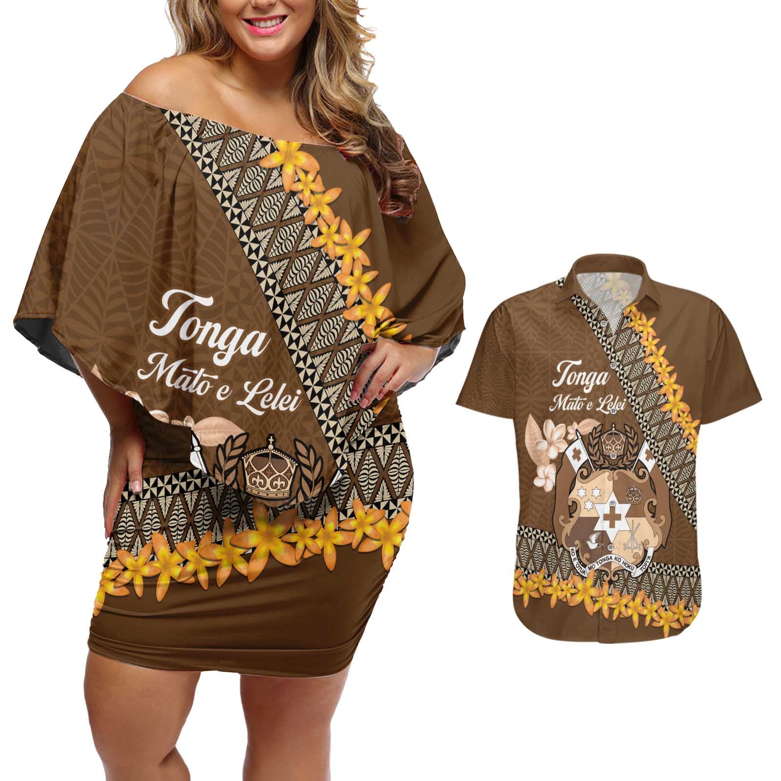 Personalised Tonga Language Week Couples Matching Off Shoulder Short Dress and Hawaiian Shirt Malo e Lelei Tongan Ngatu Pattern - Brown LT14 Brown - Polynesian Pride