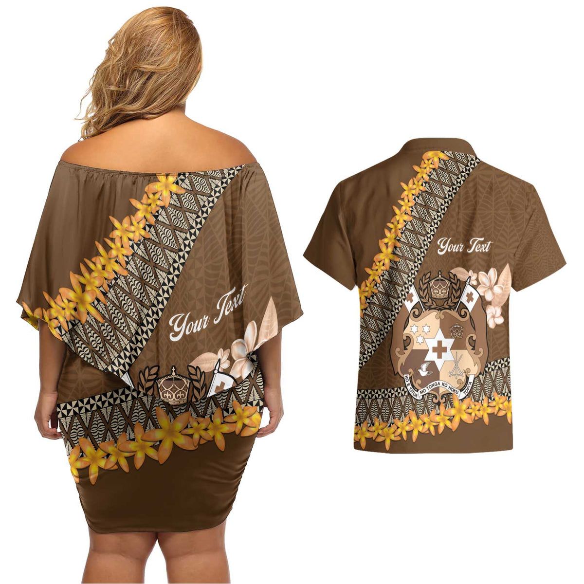 Personalised Tonga Language Week Couples Matching Off Shoulder Short Dress and Hawaiian Shirt Malo e Lelei Tongan Ngatu Pattern - Brown LT14 - Polynesian Pride