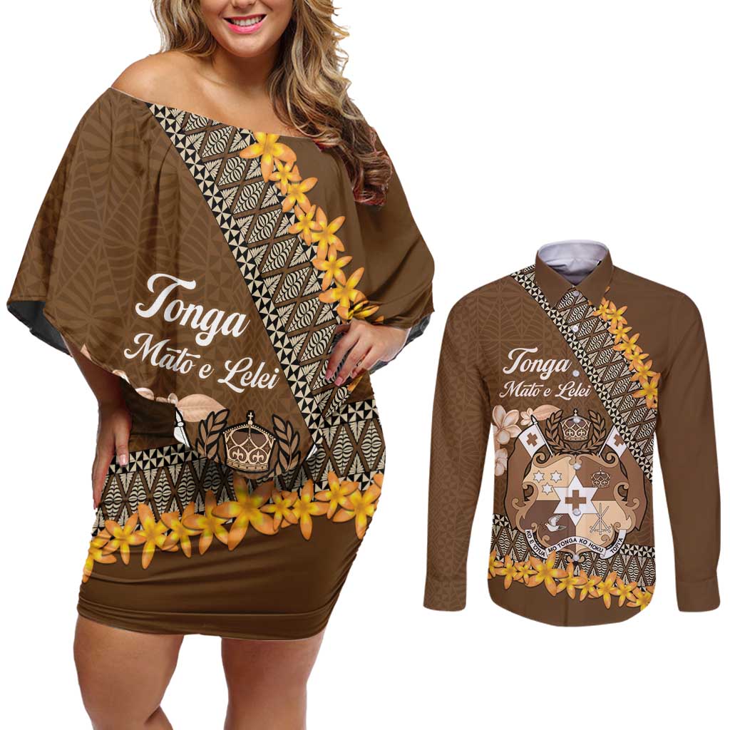 Personalised Tonga Language Week Couples Matching Off Shoulder Short Dress and Long Sleeve Button Shirt Malo e Lelei Tongan Ngatu Pattern - Brown LT14 Brown - Polynesian Pride