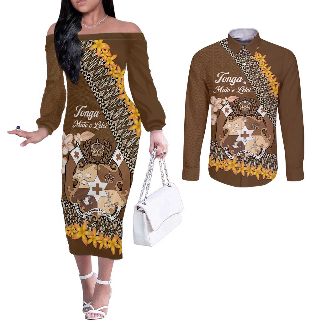 Personalised Tonga Language Week Couples Matching Off The Shoulder Long Sleeve Dress and Long Sleeve Button Shirt Malo e Lelei Tongan Ngatu Pattern - Brown LT14 Brown - Polynesian Pride
