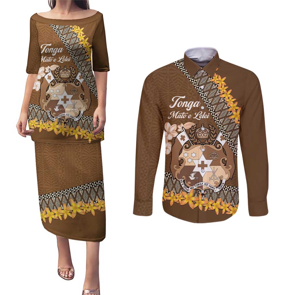 Personalised Tonga Language Week Couples Matching Puletasi and Long Sleeve Button Shirt Malo e Lelei Tongan Ngatu Pattern - Brown LT14 Brown - Polynesian Pride
