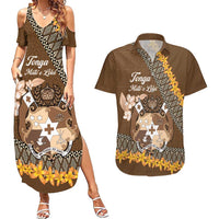 Personalised Tonga Language Week Couples Matching Summer Maxi Dress and Hawaiian Shirt Malo e Lelei Tongan Ngatu Pattern - Brown