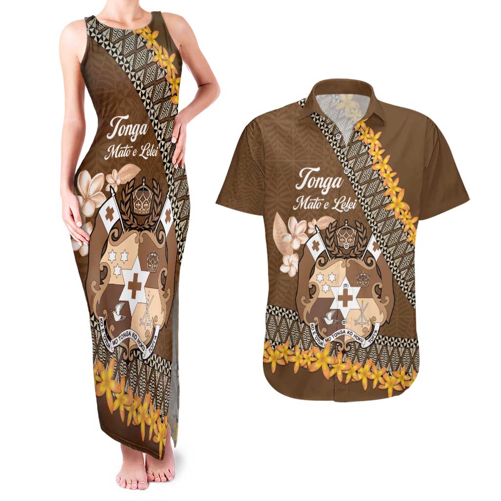 Personalised Tonga Language Week Couples Matching Tank Maxi Dress and Hawaiian Shirt Malo e Lelei Tongan Ngatu Pattern - Brown LT14 Brown - Polynesian Pride