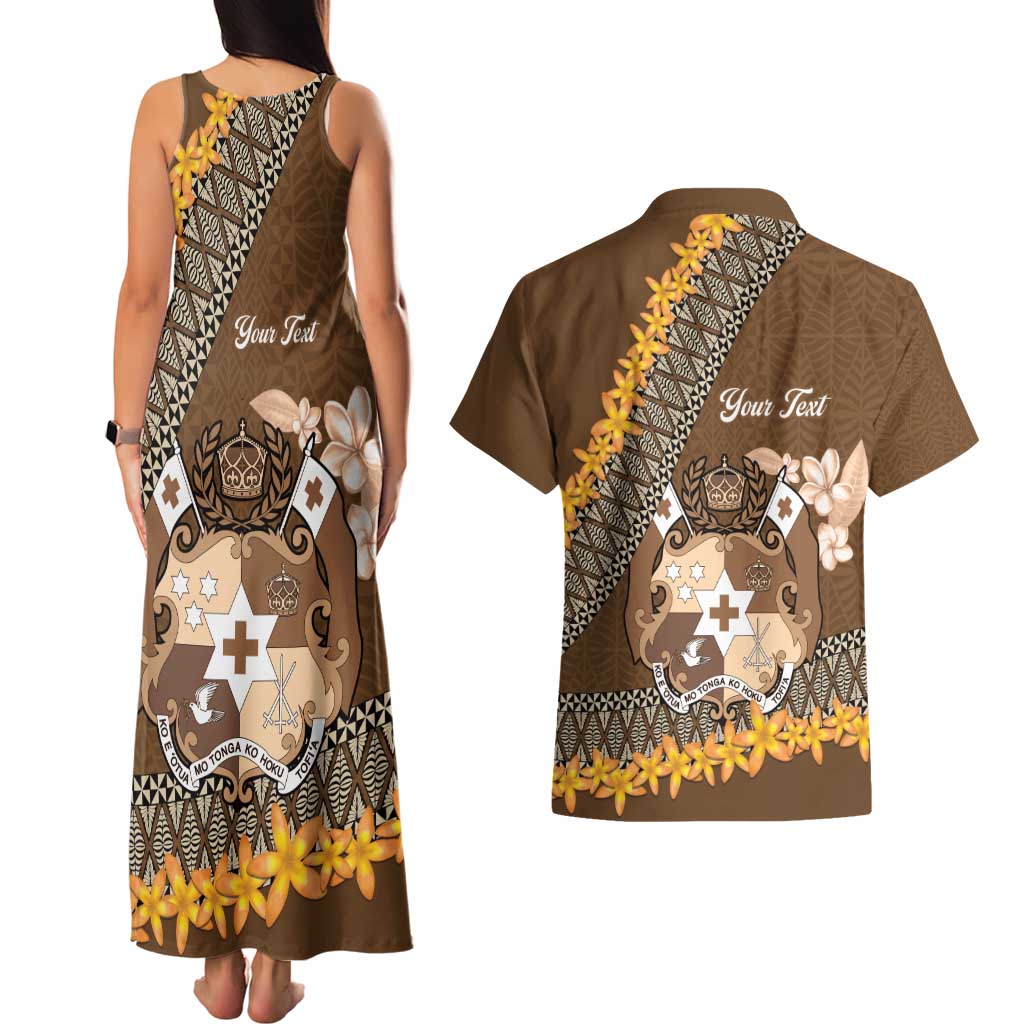 Personalised Tonga Language Week Couples Matching Tank Maxi Dress and Hawaiian Shirt Malo e Lelei Tongan Ngatu Pattern - Brown LT14 - Polynesian Pride