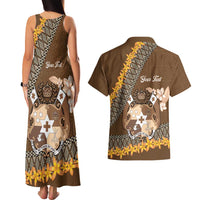 Personalised Tonga Language Week Couples Matching Tank Maxi Dress and Hawaiian Shirt Malo e Lelei Tongan Ngatu Pattern - Brown LT14 - Polynesian Pride