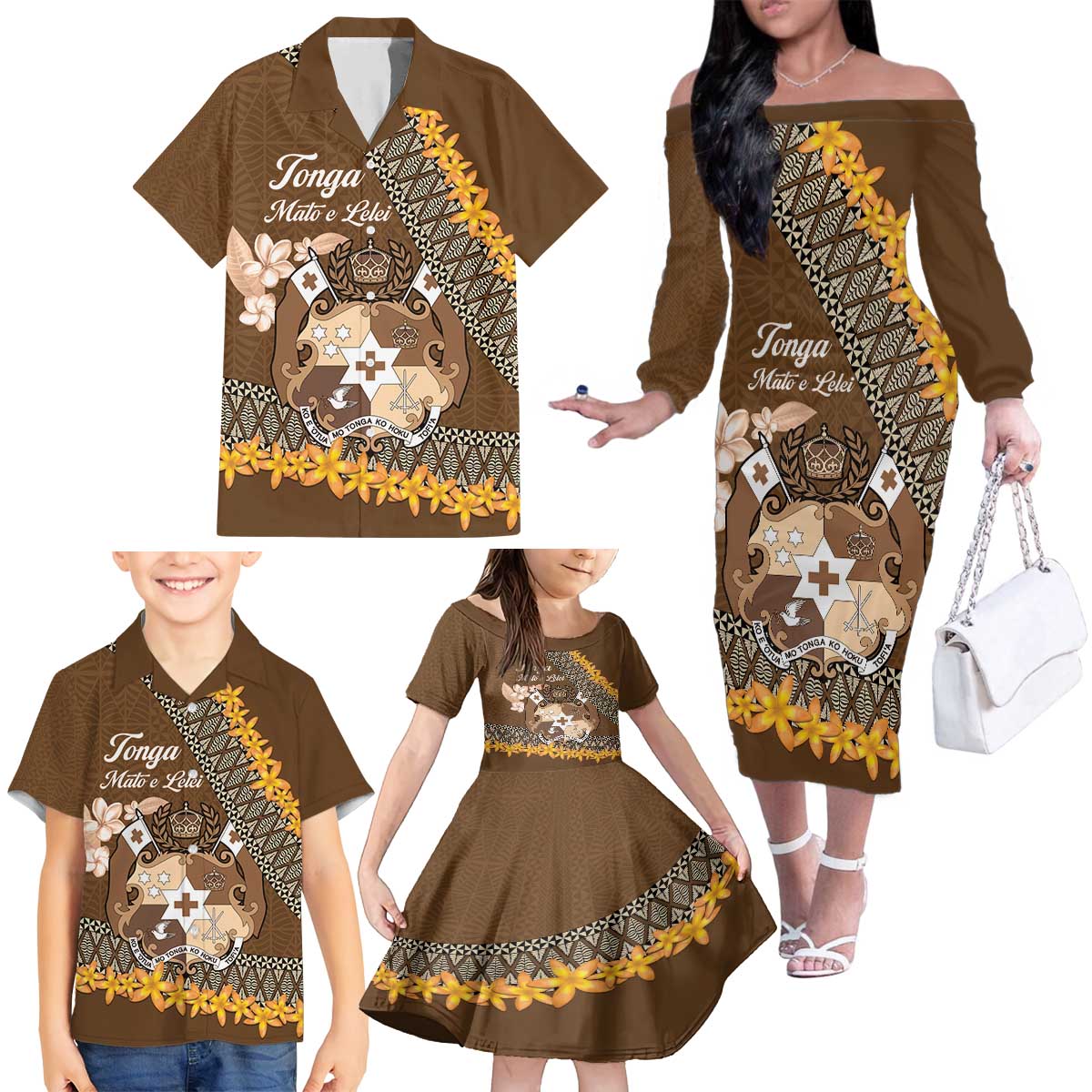 Personalised Tonga Language Week Family Matching Off The Shoulder Long Sleeve Dress and Hawaiian Shirt Malo e Lelei Tongan Ngatu Pattern - Brown LT14 - Polynesian Pride